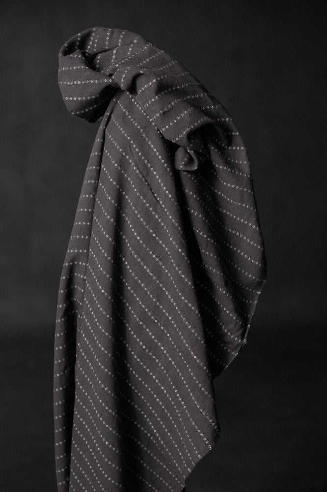 ditsy stripe handloom Indian cotton fabric in charcoal grey