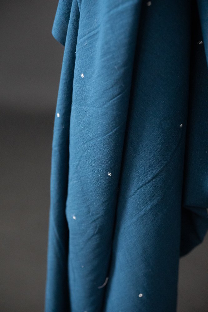 Indigo blue handwoven Indian cotton with white flowers