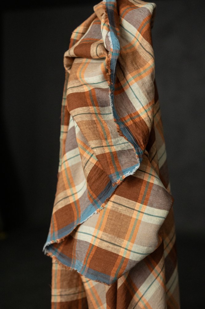 brown orange check linen fabric