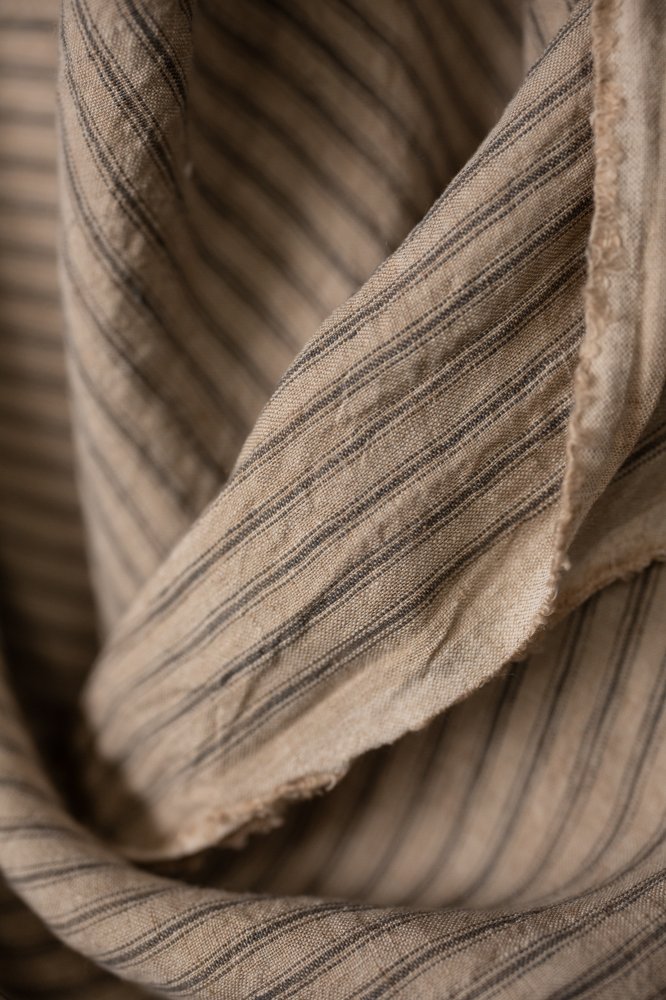 sand and grey stripe extra wide laundered linen fabric