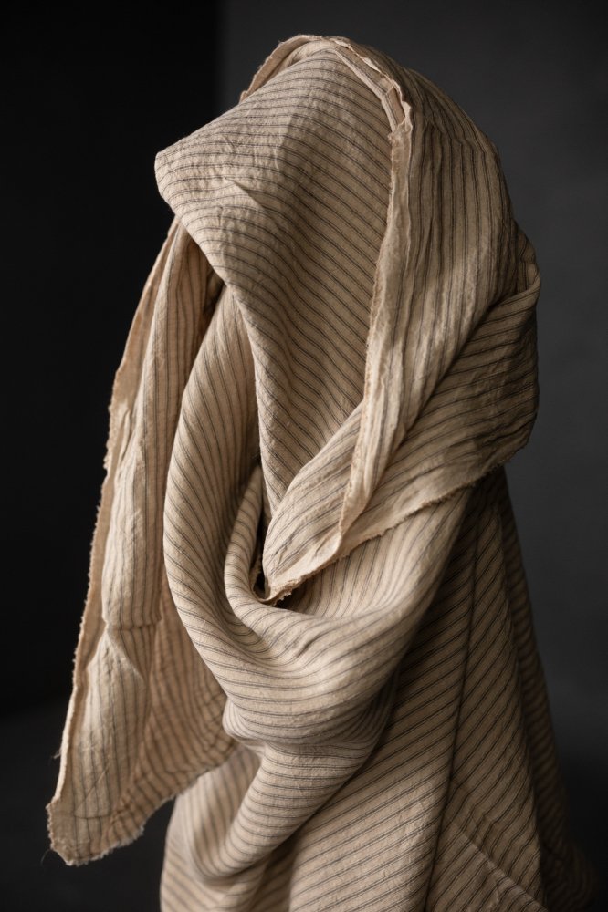 sand and grey stripe extra wide laundered linen fabric
