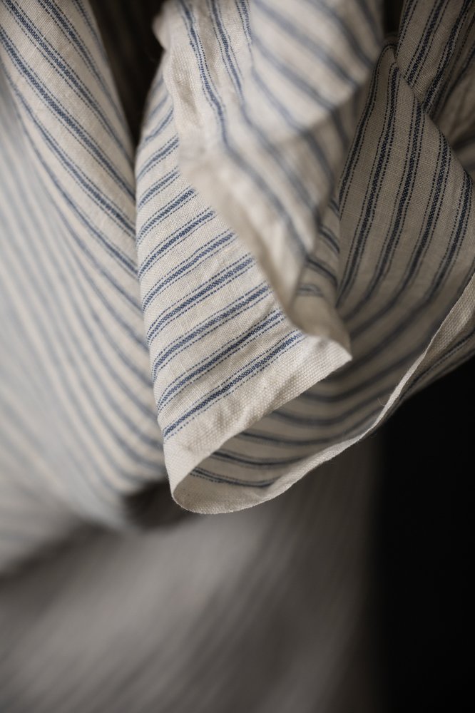 Blue and white stripe extra wide laundered linen fabric