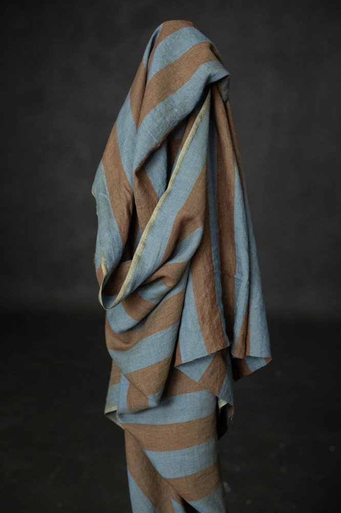 blue brown stripe linen fabric 