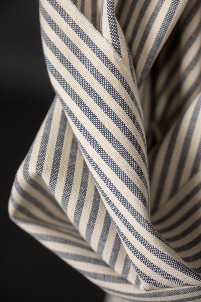 blue and white striped recycled cotton upholstery fabric