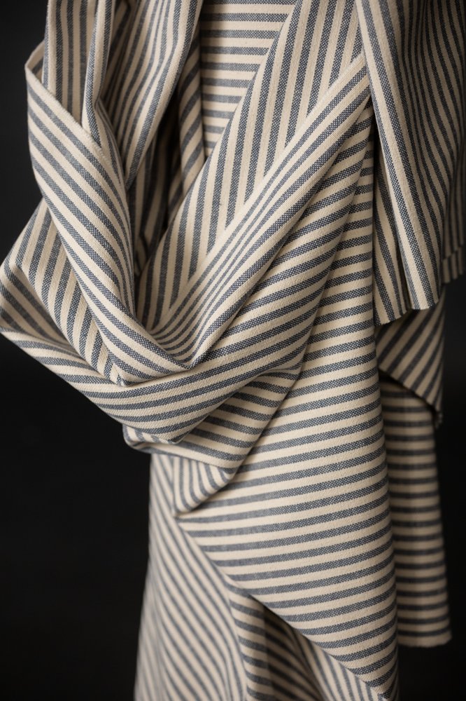 blue and white striped recycled cotton upholstery fabric