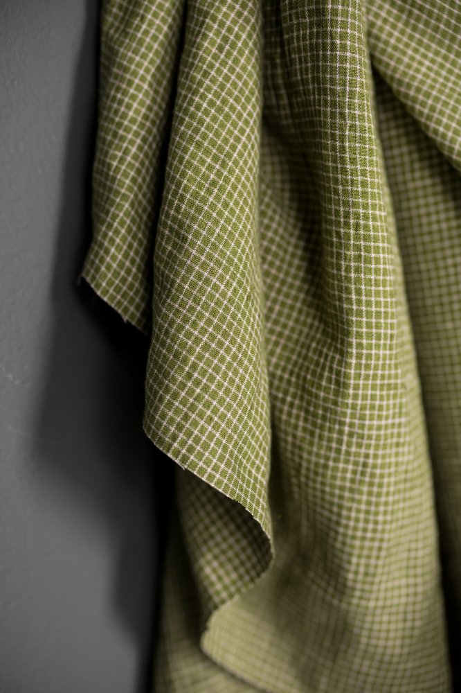 green and pink small checked linen fabric