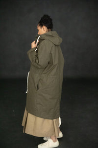Khaki green oilskin parka jacket with hood